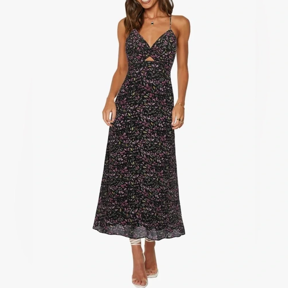 ZAFUL Women's Spaghetti Strap Floral Summer Hollow Twist Front Maxi Dresses Sexy - Picture 6 of 12